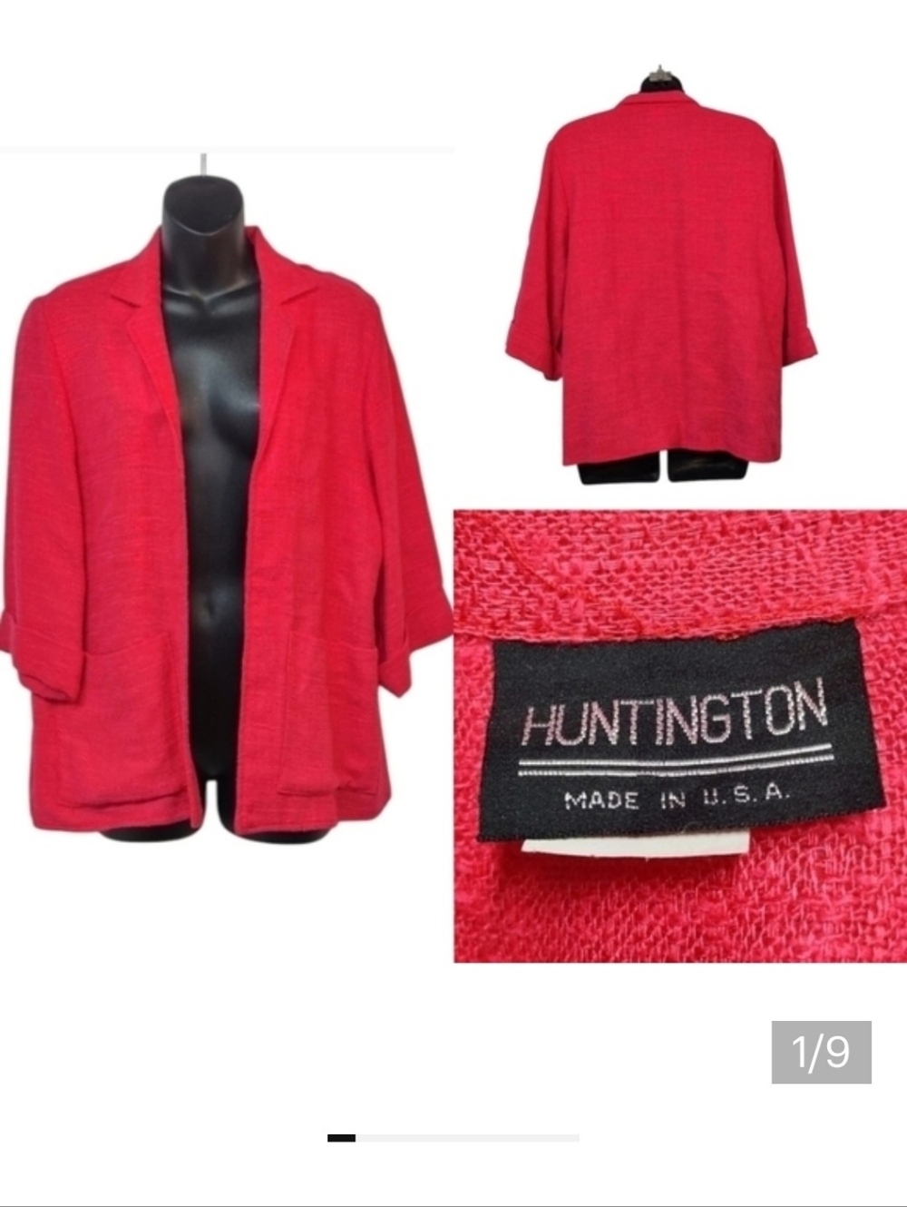 Huntington Women's Red Open Front 3/4 Sleeve Blazer Jacket Size S